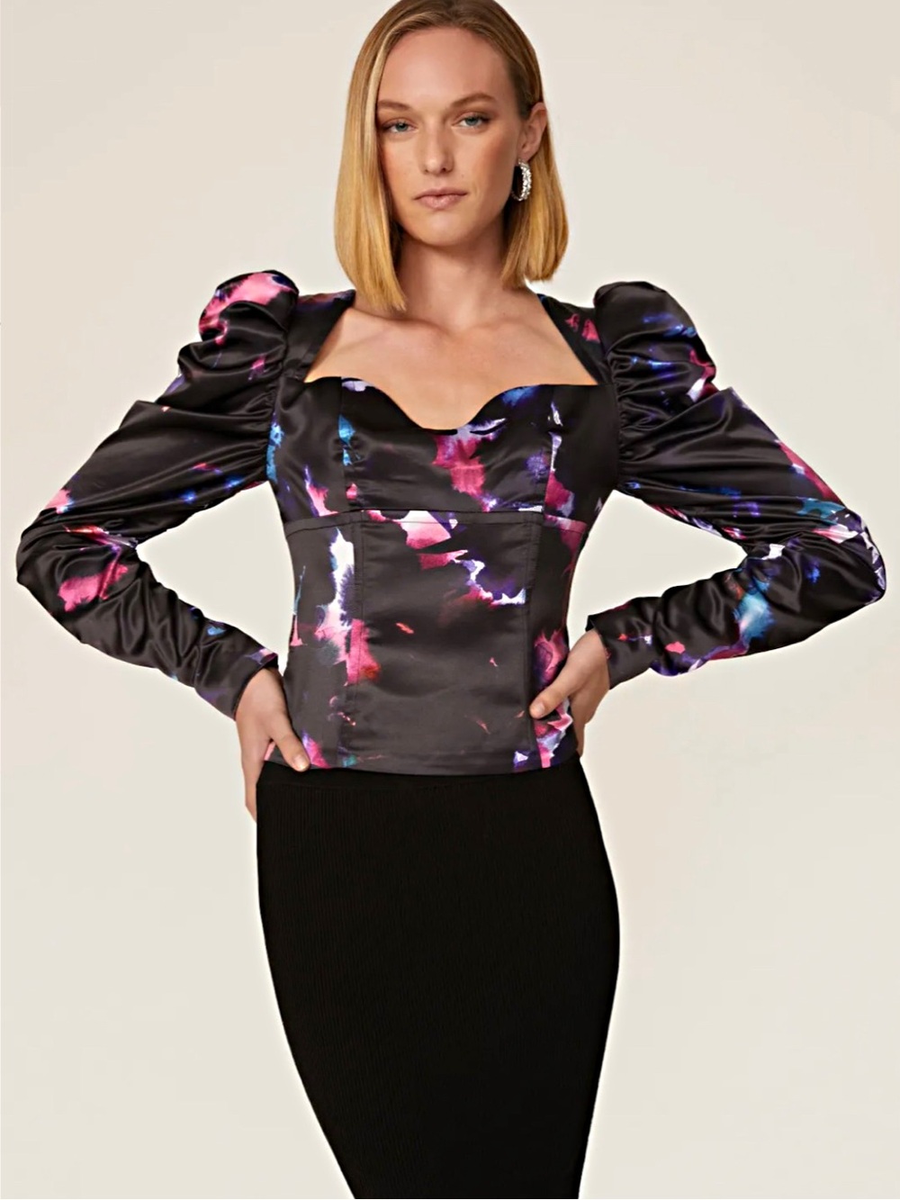 Badgley Mischka Floral Bustier Rushed  Sleeves Size 2  Glam 80’s Style